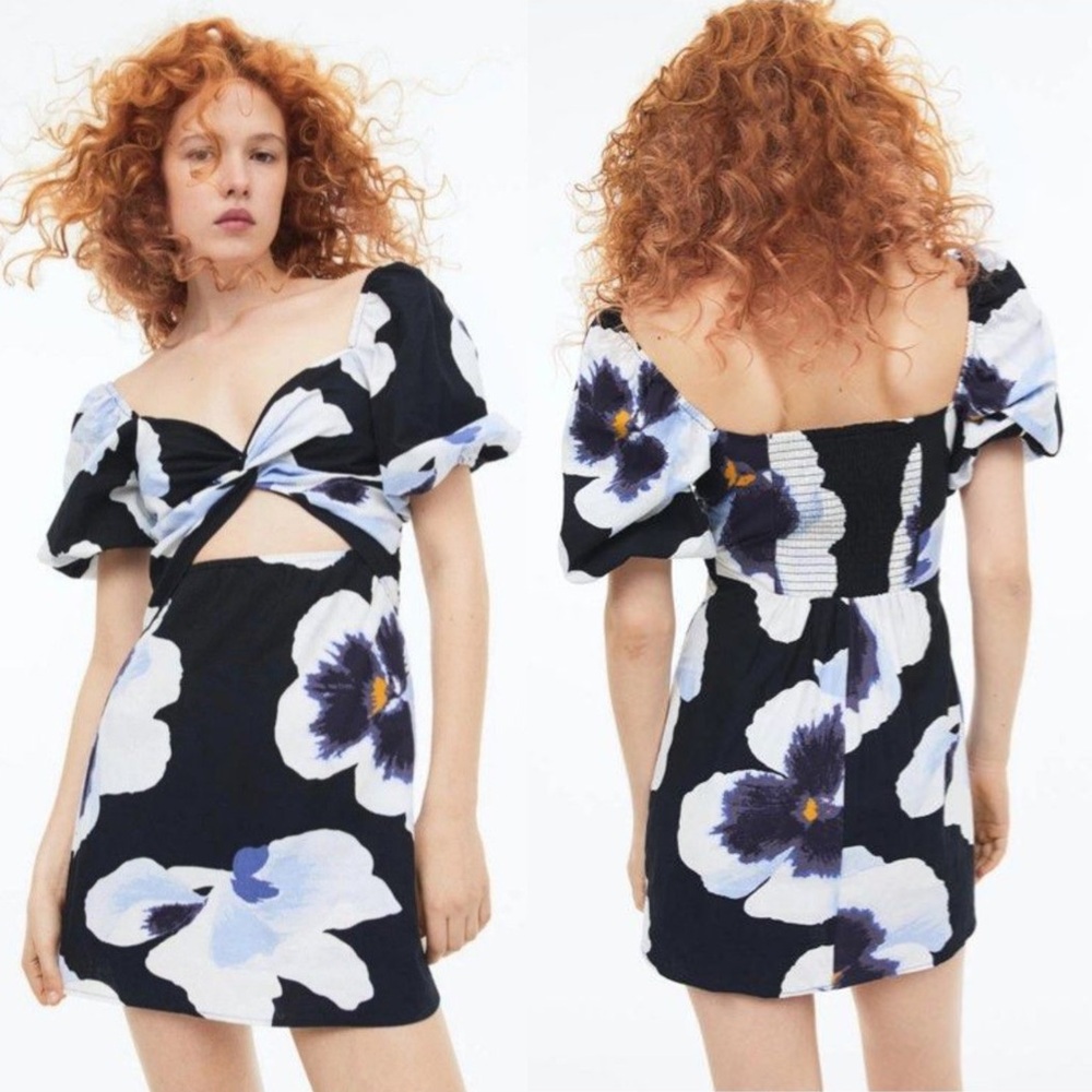 H&M‎ Linen Blend Puff Sleeve Cutout Floral Mini Dress NWT Medium